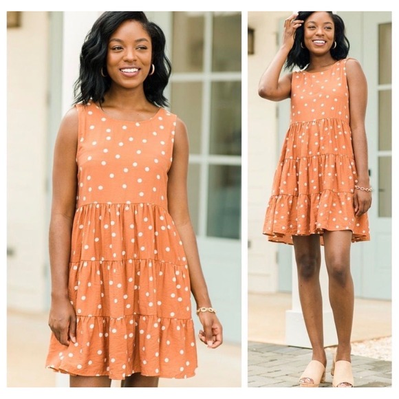 entro Dresses & Skirts - Entro Rust Polka Dot Tiered Babydoll Mini Dress Sleeveless‎ Pockets Womens Large